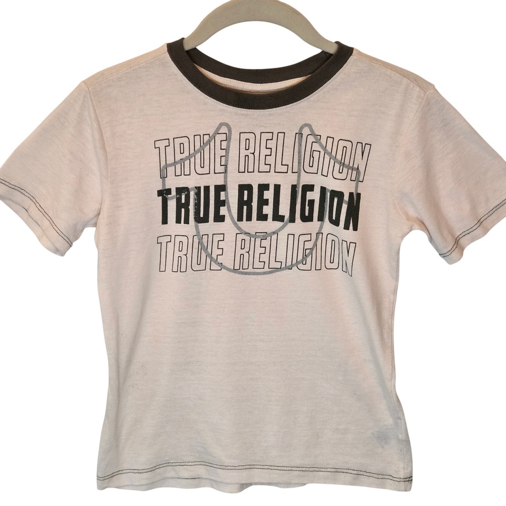 True Religion Kids Pink Ringer Graphic Logo T-Shirt Size S 8 52799